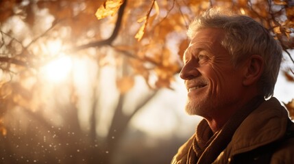 senior man elderly smile and feeling hopeful in forest autumn, ai