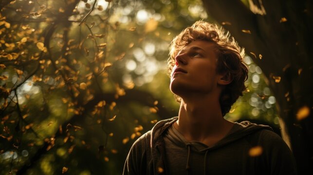 senior man elderly smile and feeling hopeful in forest autumn, ai