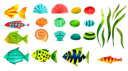 Naklejka premium Funny fish, shells, stones marine underwater sea set, watercolor illustration clip art in ocean kids style, for decorating children room, school, nursery, invitation, print and postcard