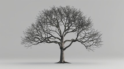 Bare winter tree with intricate branches, isolated on a grey background