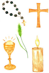Watercolor set of 5 elements. Cross, rosary, church chalice, candle, ear. For first communion invitations, cards, gifts
