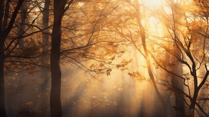 forest trees autumn foggy morning mist, ai