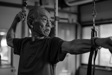 Elderly Asian man maintaining fitness with indoor exercises