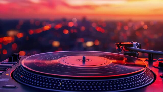 A record player is on a turntable with a city in the background