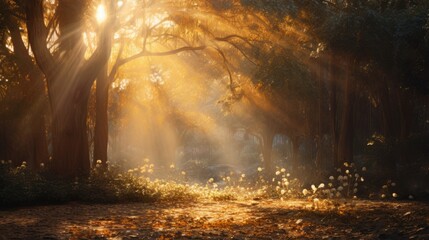 forest trees autumn foggy morning mist, ai