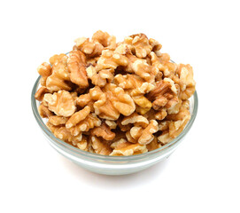 Stack Walnuts in glass bowl on white background