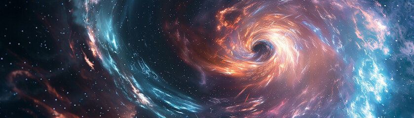 Obraz premium A colorful space scene with a large hole in the middle. The hole is surrounded by a bright orange and blue swirl