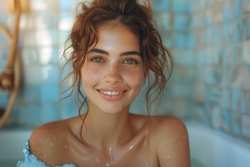 A radiant young woman with wet hair and freckles smiles warmly while enjoying a relaxing soak in a bathtub