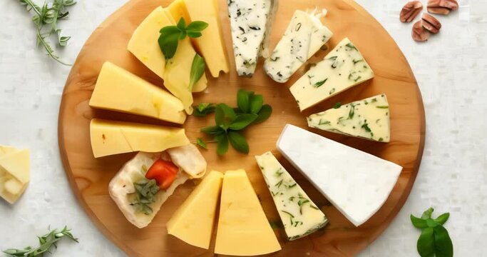 Variety of gourmet cheeses arranged on wooden board, garnished with herbs for elegant presentation