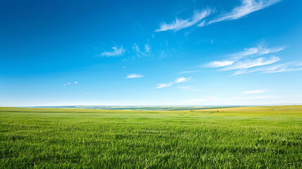 Fototapeta na wymiar a serene landscape featuring a lush green field under a clear blue sky with fluffy white clouds