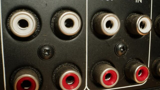 Radio parts of the old amplifier, vintage transistors and chips, hi-fi vintage audio player close up.
