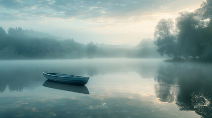 A tranquil lakeside scene on a misty morning, capturing the ethereal beauty of the lake