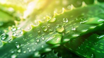 An aloe vera leaf tip with dew drops is illuminated by warm sunlight, highlighted against a blurred background.