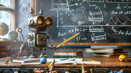 A cute robot is holding a pencil, with a school desk and books in front of him. Blurred blackboard background. Teachers day. Back to school. Student day