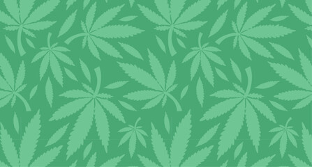 Cannabis leaf pattern in shades of green on a dark green background. Design for herbal medicine, CBD products packaging, and botanical wellness concept.