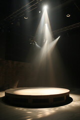 A clean and modern stage environment, with soft overhead lighting casting a gentle glow on the raised platform, inviting performers to take the spotlight.