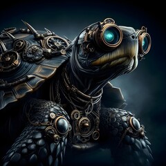 Fantasy turtle in steampunk style,  in the depths of the ocean, close-up, Generative AI