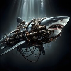 Fantasy shark in the depths of the ocean in cyberpunk style,  Generative AI