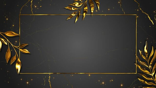golden luxury leaf and frame 4k motion background,  shiny glowing glitters and stars on dark background, copy space design element