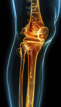 Skeleton, legs and x ray of knee on black background or injury assessment, bone diagnostic or osteoporosis. Radiography, medical imaging and electromagnetic scan with glow for inflammation or bruise.