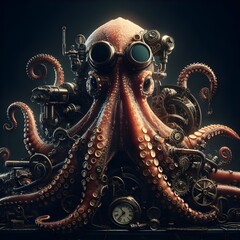 Octopus in steampunk style, at the bottom of the ocean, fantasy, Generative AI
