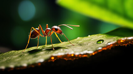Highmagnification photo of an ant lifting a leaf, displaying incredible strength, great for educational documentaries or inspirational posters