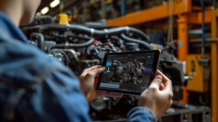 Mechanic Uses Tablet Computer with an Augmented Reality Diagnostics Software. Specialist Inspecting the Car in Order to Find Broken Components Inside the Engine Bay. Modern Car Service.