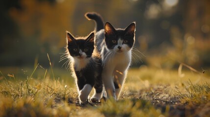 Two cats with similar fur patterns, one adult and one young, walk side by side through golden-lit grass.