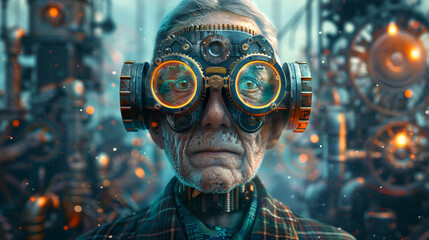A man wearing goggles and a plaid shirt is standing in front of a large industrial building. The image has a futuristic and industrial feel to it, with the man's goggles adding a sense of technology - obrazy, fototapety, plakaty