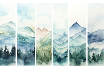 Mountain Landscape Watercolor Soft watercolor paintings of serene mountain vistas, suitable for travel journals, wall art, or mindfulness meditation apps