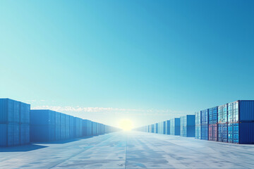 expansive view showcasing rows of blue container boxes stretching into the horizon under a clear blue sky, illustrating the scale and magnitude of import and export logistics in mo