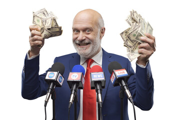 Greedy politician holding cash money