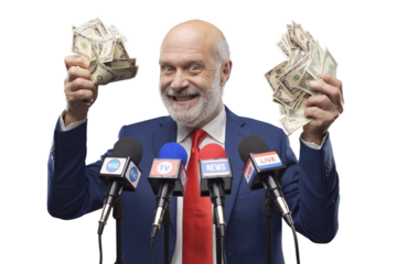 Greedy politician holding cash money