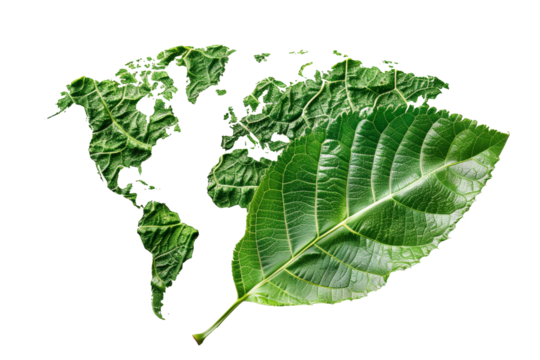 Green leaf world map on a transparent background. World Environment Day concept.