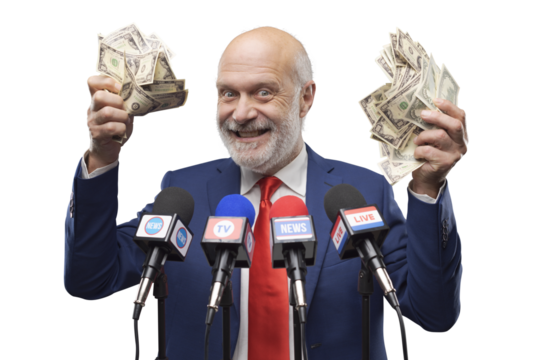 Greedy politician holding cash money
