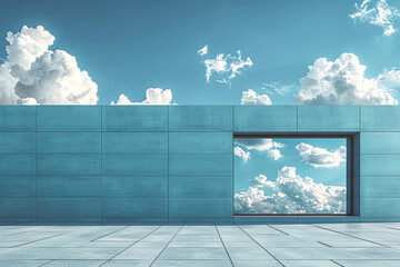 Minimalist blue wall with cloud reflections, ideal for clean and modern architecture concepts.