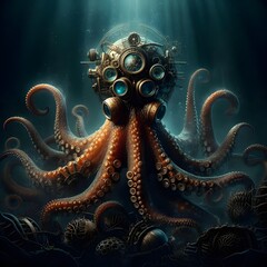 Fantasy octopus in steampunk style, at the bottom of the ocean,  Generative AI