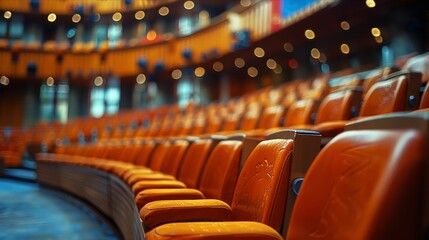 Golden lights over empty theater seats set the scene for drama
