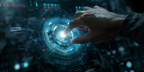 Human hand pressing on the blue button in center of transparent screen in sci-fi style - obrazy, fototapety, plakaty