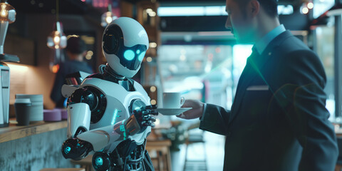 Illustration of human in suit takes a cup of coffee from robot in bright and shine cafe or restaurant in sci-fi style