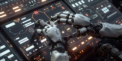 Two white color robot hands working with glass panel control screen with different colors bright symbols in sci-fi style