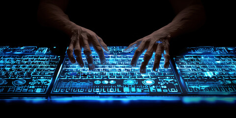 View on human hands working with blue big control screen on dark background in sci-fi style