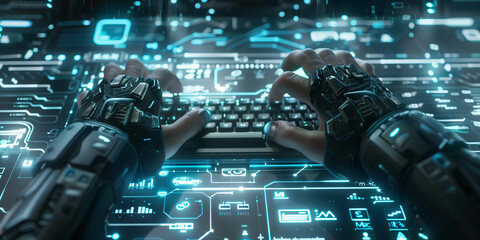 View on man hands in half gloves typing on dark keyboard on dark blue screen with different bright symbols in sci-fi style