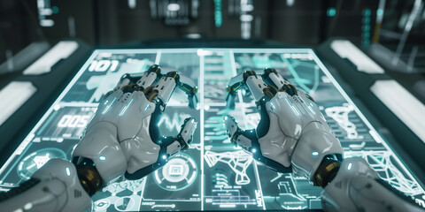 Two white robot hands above white transparent screen with different blue bright symbols in sci-fi style