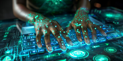 View on african american woman hands typing on blue keypad on green screen with different symbols in sci-fi style