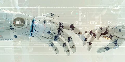 View on two white robot hands on white transparent screen in sci-fi style