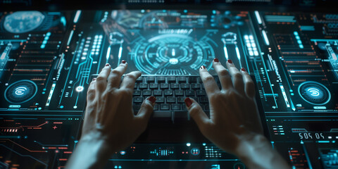 View on woman hands working with black analog keypad on black control panel with different symbols and dates in sci-fi style