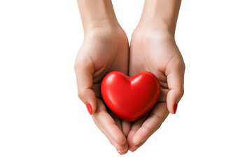 Obraz premium A woman's hand holding a red heart on a transparent background. Healthcare and medicine concept