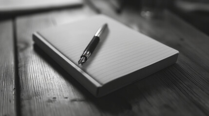 A pen lying on top of a notebook on a wooden table.