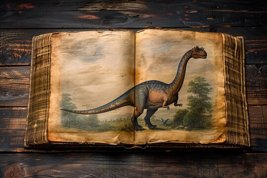 An open book with a picture of a dinosaur on it 